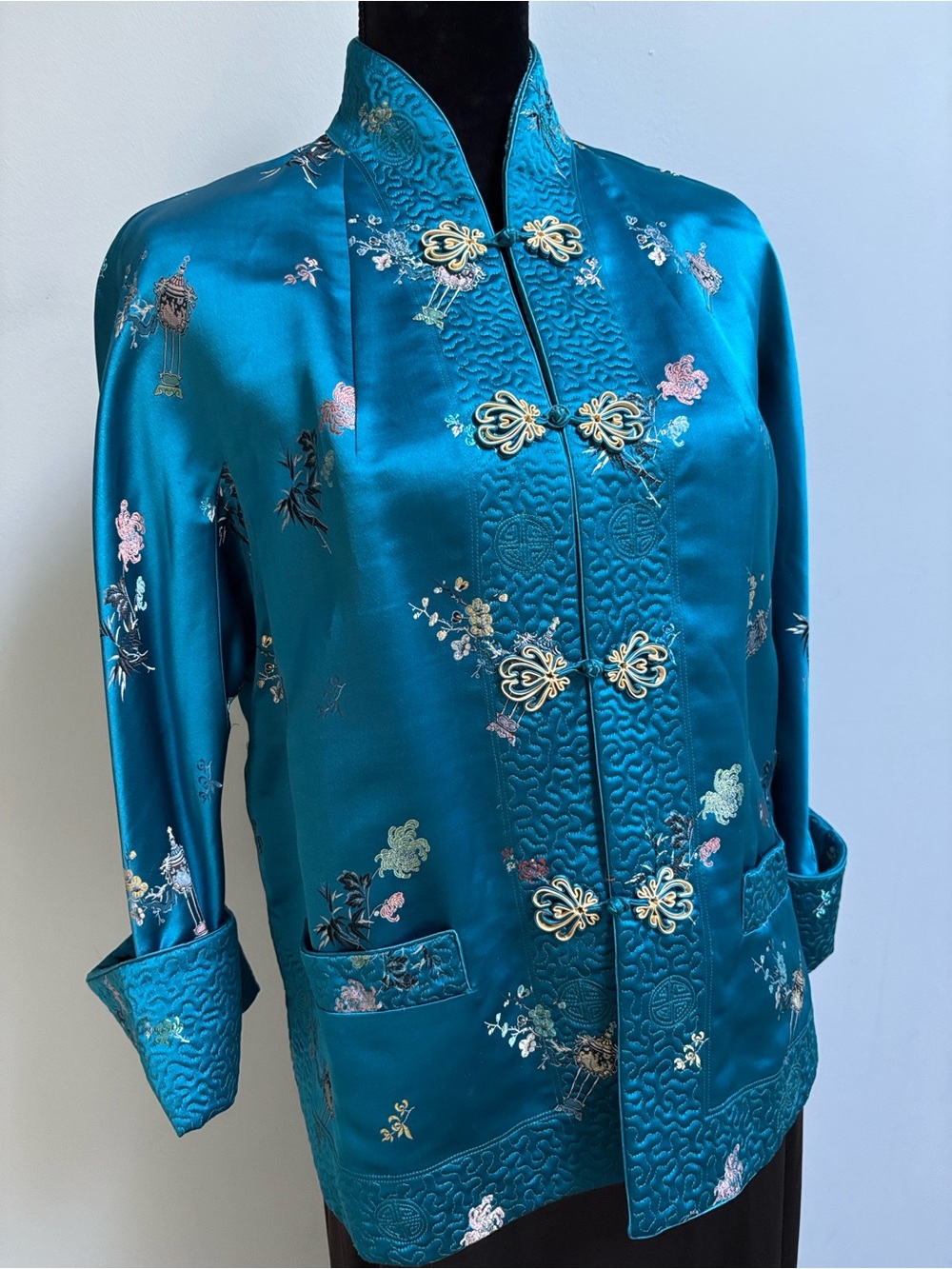 Vintage Hong Kong Turquoise Brocade Chinese Jacket Mandarin Collar